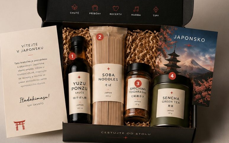 Otevřený box OKUSTO s produkty, uvítací kartou a průvodcem